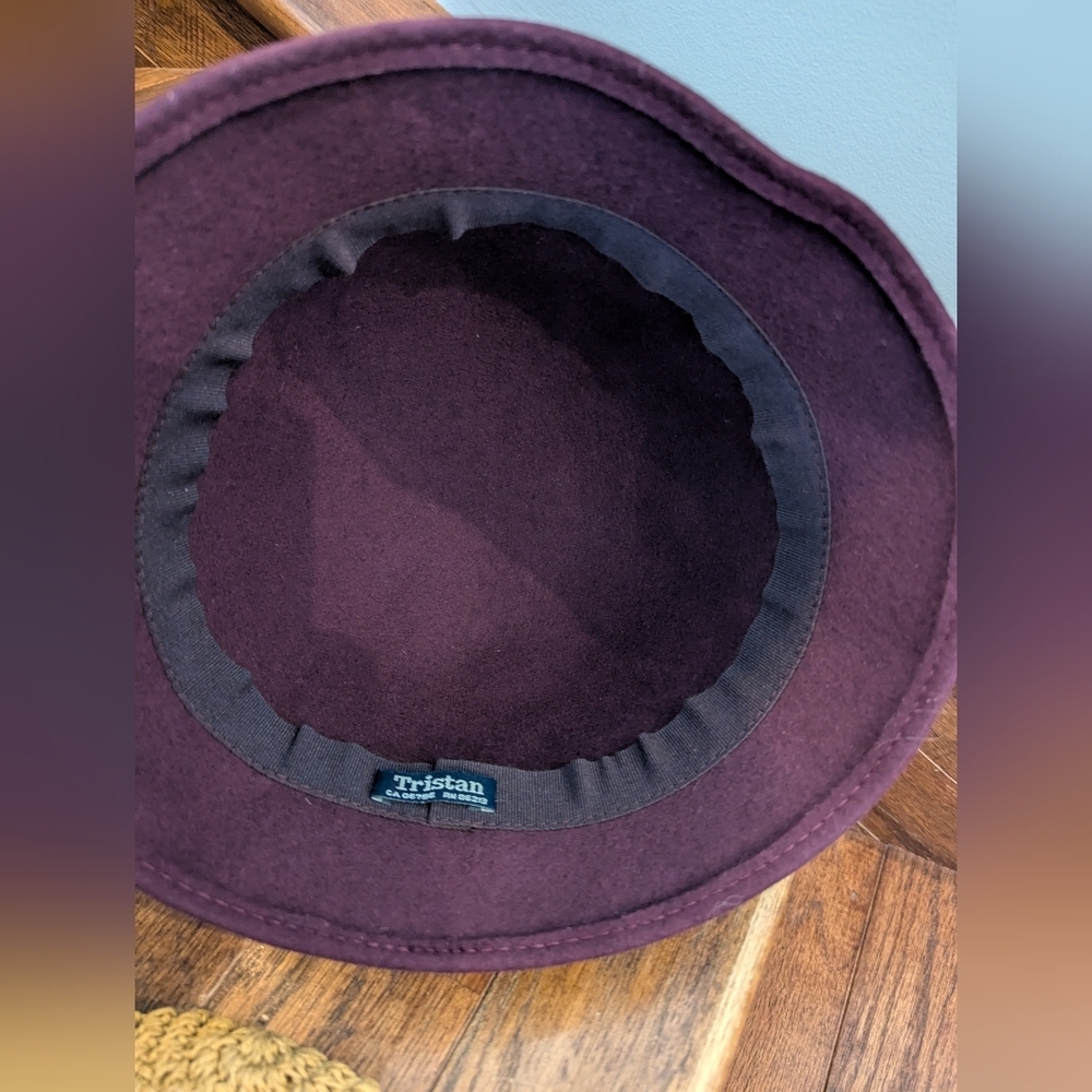Vintage Hat Tristan Wool Felt Burgundy Cloche Hat with Floral Cashmere Accents - Picture 7 of 8